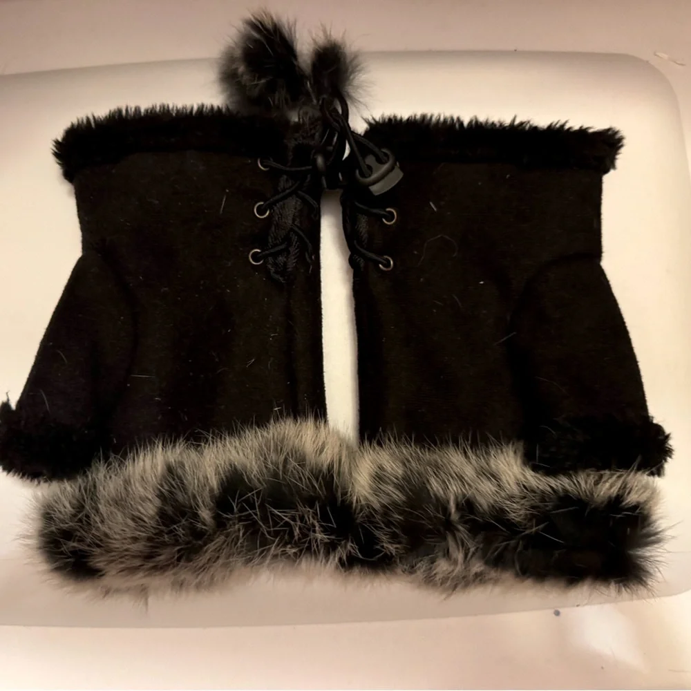 Vintage Shearling Suede Fingerless Gloves Rabbit Fur Trim Black Ivory Mittens